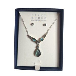 Crazy Horse Silver Tone Teardrop Pendant Necklace Earrings Set Aqua & Clear